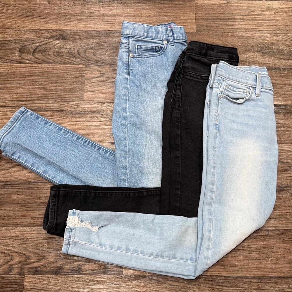 Size 8 Denim Jeans Trio - Light Blue, Black, Medium Blue